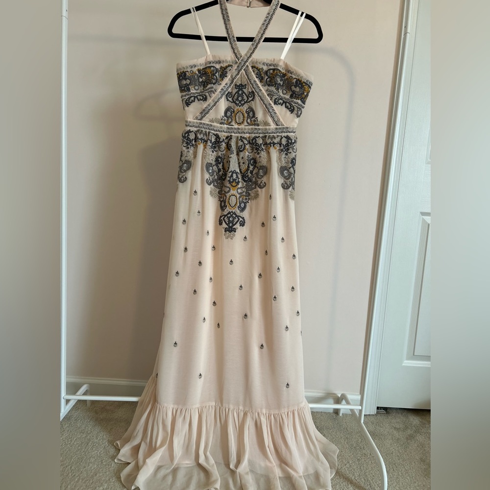 Altar’d State Blush Embroidered Halter Gown